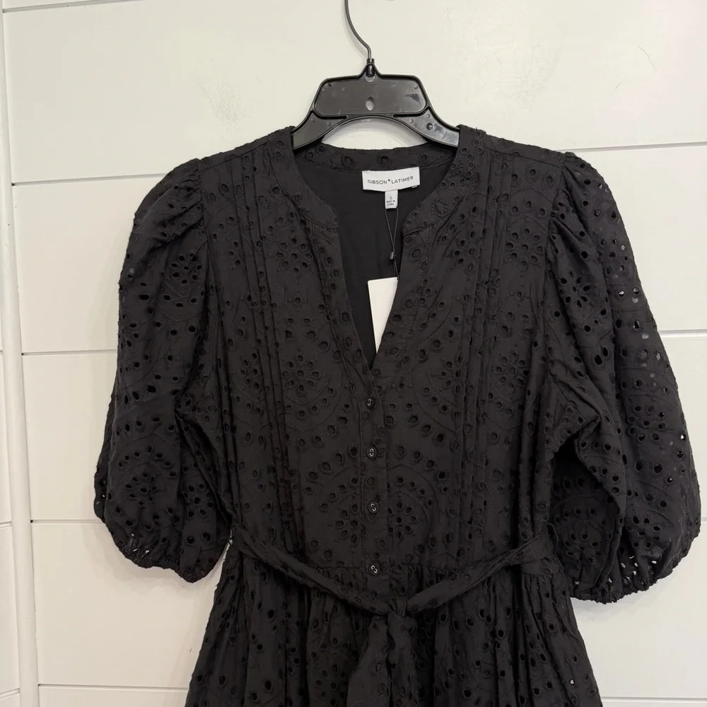 New! Gibson & Latimer Black Eyelet Button Down Belted Mini Dress 36039 - Picture 7 of 14